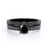 Art Deco Milgrain-Bezel 1.55 TCW Round Shaped Lab Created Black Diamond Shared-Prong Wedding Ring Set in White Gold