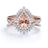 Infinity 1.75 ct Pear Morganite Halo Art Deco Wedding Set