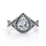 Milgrain Pave Channel - 1.5 TCW Teardrop Moissanite with Lab Created Black Diamond - Halo Design Engagement Ring in White Gold