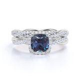Eternity 2 Carat Cushion Cut Lab Alexandrite and Diamond Infinity Halo Bridal Set Rings for Her