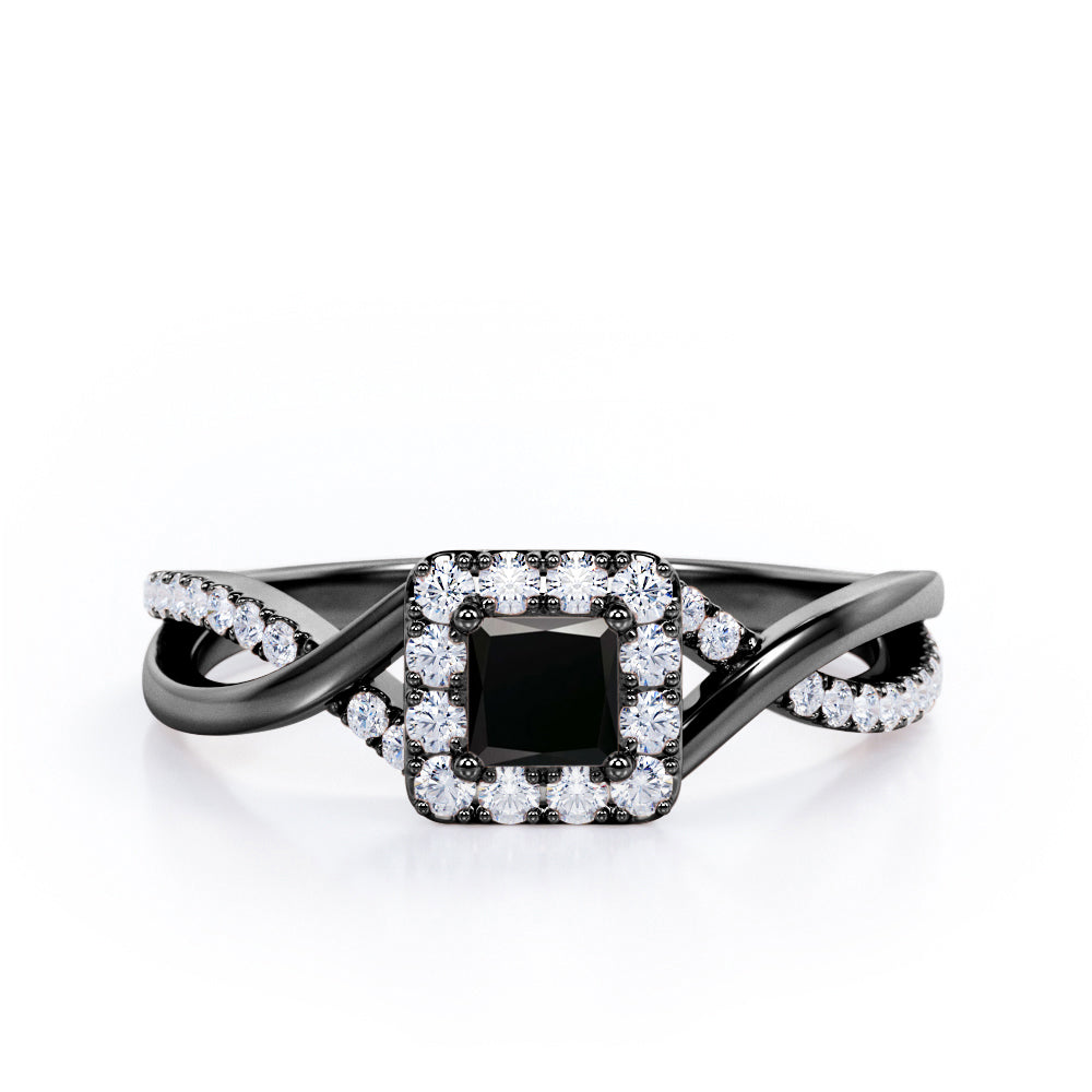 1.25 Carat Princess Cut Black Diamond - Half Crossover Pave - Halo Engagement Ring in White Gold