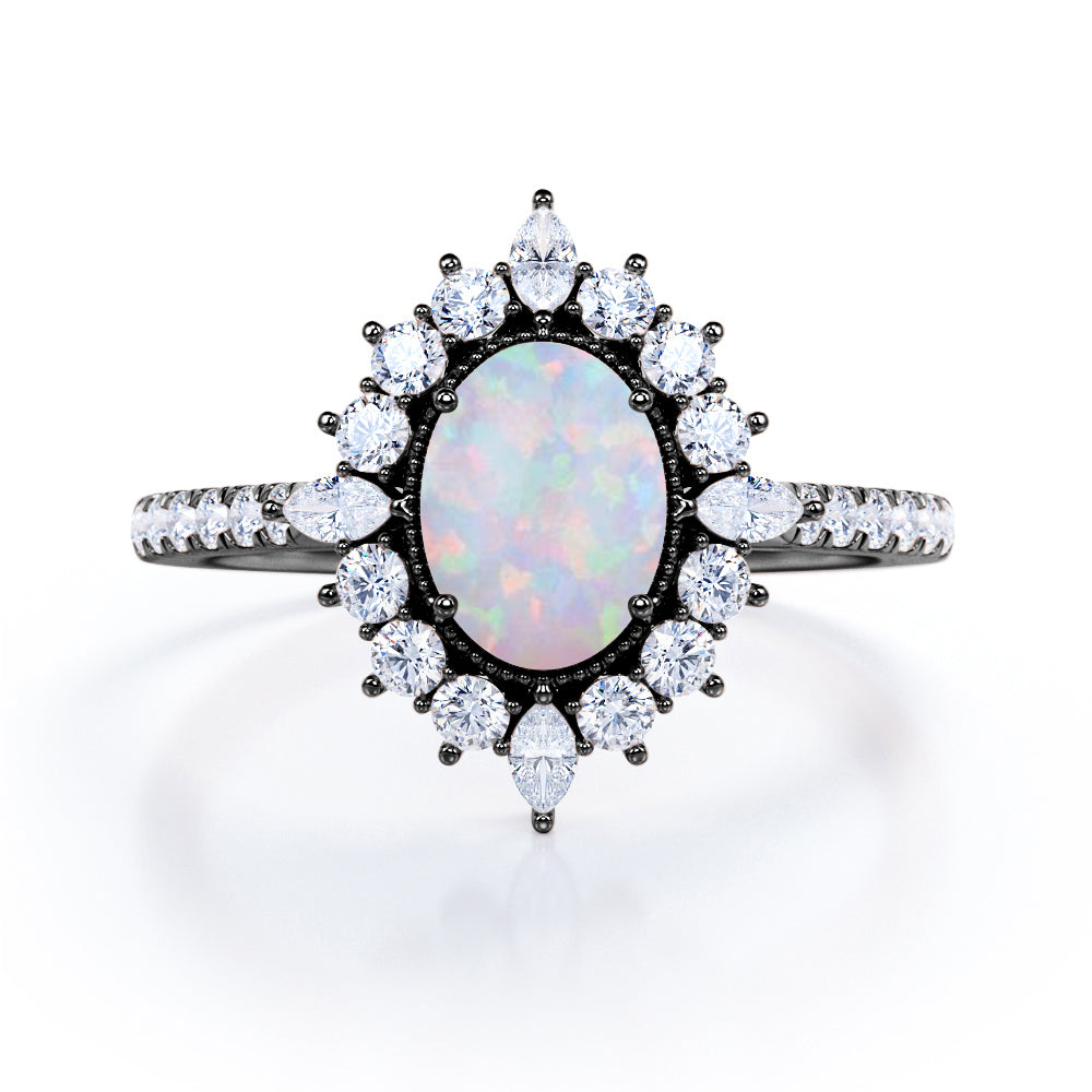 Beaded Halo 1.50 Carat Oval Cut Precious Fire Opal And Diamond Vintage Inspired Pave Engagement Ring In Rose Gold.