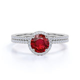 Micro Pave 1.50 ct Round Lab-Created Ruby Halo Bridal Set