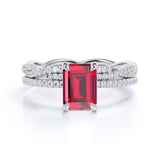 Classic Micro Pave Set 1.50 Carat Emerald Cut Lab Ruby and Diamond Infinity Wedding Ring Set in White Gold