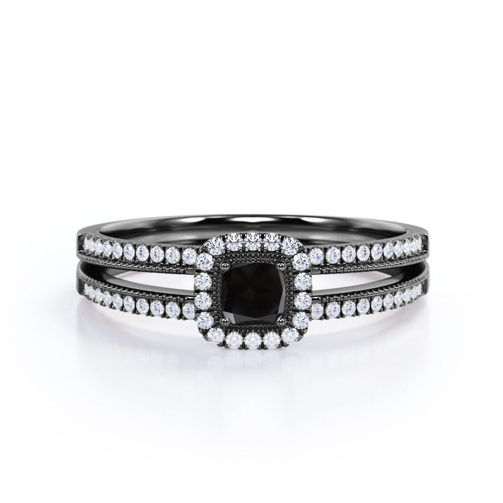 Vintage Style 1 Carat Cushion Cut Lab Black Diamond Solitaire Engagement Ring in White Gold