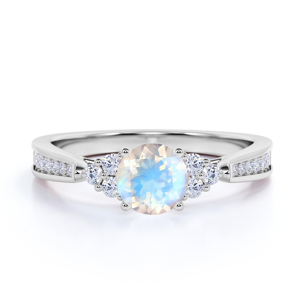 1.1 ct Round Rainbow Moonstone Pave Engagement Ring