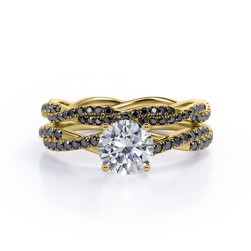 Double Twisted Eternity - 1.75 TCW Round Cut Moissanite with Lab Created Black Diamond - Basket Cathedral Bridal Ring Set in White Gold