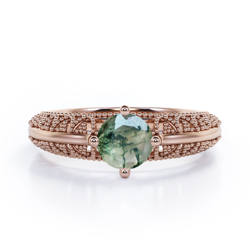 Beaded Art Deco 1 Carat Round Cut Green Moss Agate Solitaire Engagement Ring In White Gold
