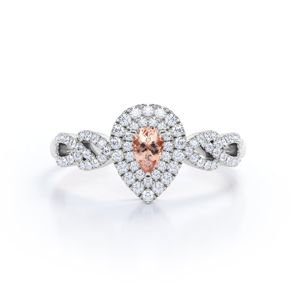 Intertwined 1.25 carat Pear Morganite and Moissanite Double Halo Engagement Ring in Rose Gold