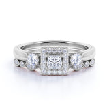 3 Stone Cathedral Modern Art Deco 1 ct TDW Princess Cut Diamond Milgrain Bridal Set - Wedding Set - 10K White Gold