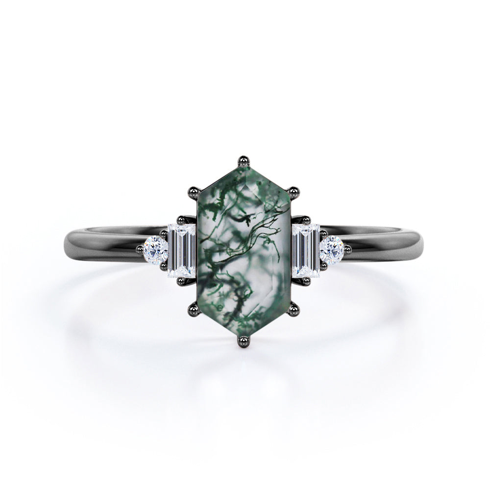 Five Stone 0.8 Carat Hexagon Moss Agate Engagement Ring
