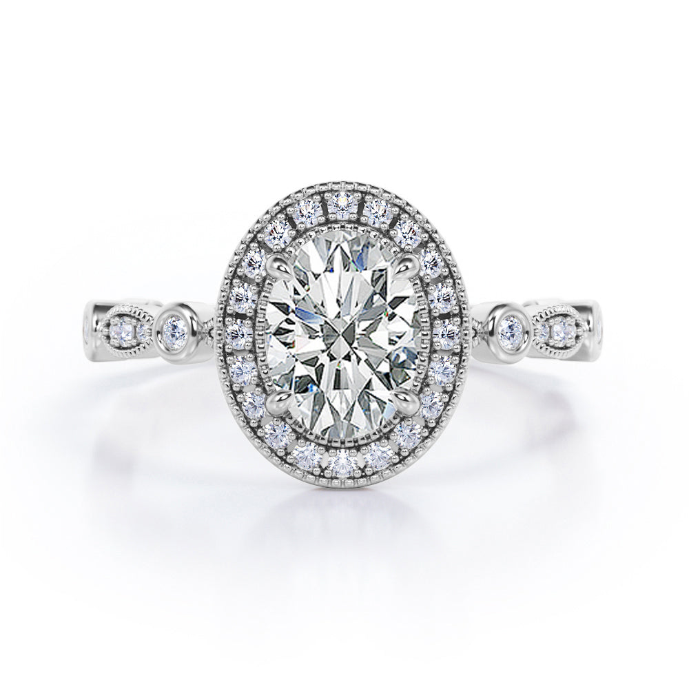 Vintage Halo 1.35 Carat Oval Cut Moissanite And Diamond Art Deco Engagement Ring In Rose Gold