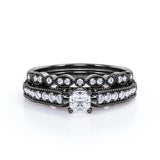 Vintage-inspired 1 carat Cushion Cut Moissanite and Diamond Wedding Set in White Gold - Anniversary Gift