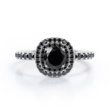 Cushion Double Halo - 1.5 TCW Round Cut Lab Created Black Diamond - Engagement Ring with Pave Accents in White Gold