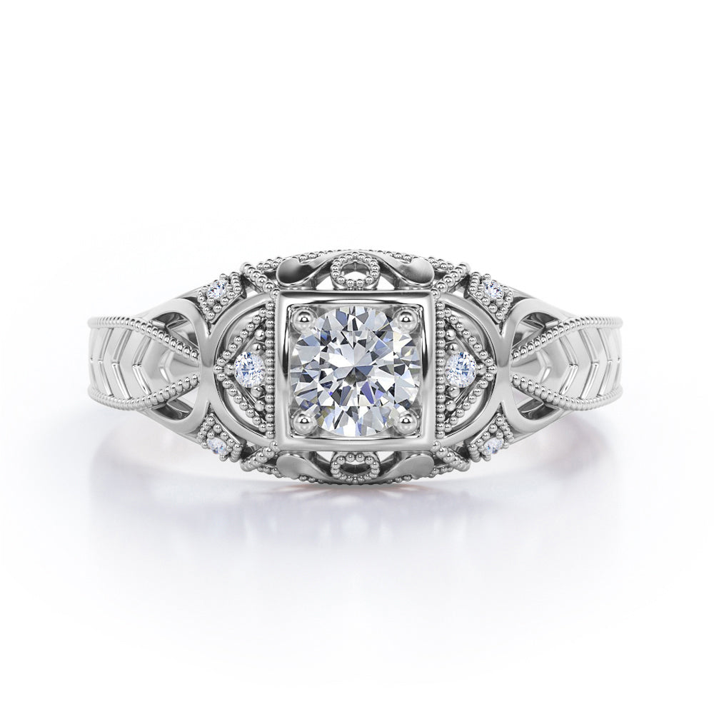 Art Deco Style 1.05 Carat Round Cut Moissanite And Diamond Square Framed Vintage Filigree Engagement Ring In Rose Gold