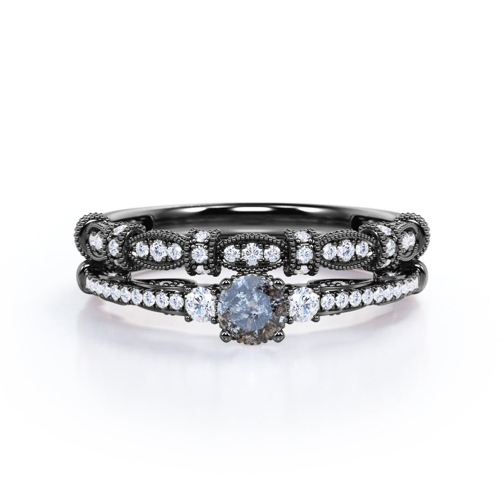 Vintage Milgrain 0.65 Carat Round Cut Genuine Salt and Pepper Diamond Three Stone Wedding Ring Set In White Gold