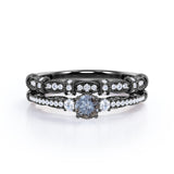 Vintage Milgrain 0.65 Carat Round Cut Genuine Salt and Pepper Diamond Three Stone Wedding Ring Set In White Gold