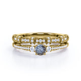 Vintage Milgrain 0.65 Carat Round Cut Genuine Salt and Pepper Diamond Three Stone Wedding Ring Set In White Gold