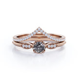 Modern Exquisite Art Deco 1.75 Carat Round Cut Genuine Dendritic Black Rutilated Quartz and Diamond Half Eternity Curved Band Wedding Ring Sets