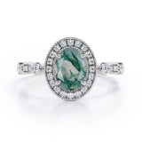 Vintage Halo 1.35 Carat Oval Cut Green Moss Agate And Diamond Art Deco Engagement Ring In Rose Gold