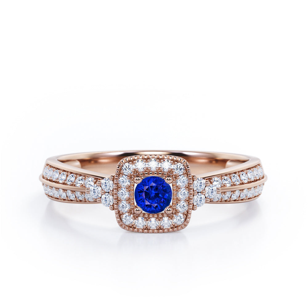 Double Pave Channel 1.5 Carat Round-Shaped Blue Sapphire and diamond Halo Cluster Engagement Ring in  White Gold
