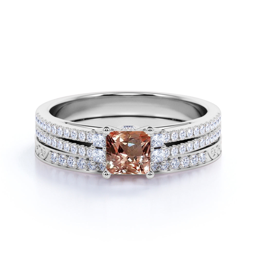 Limited Time Sale: 2 Carat Princess cut Morganite and Diamond Halo Art Deco Wedding Ring Set in Yellow Gold