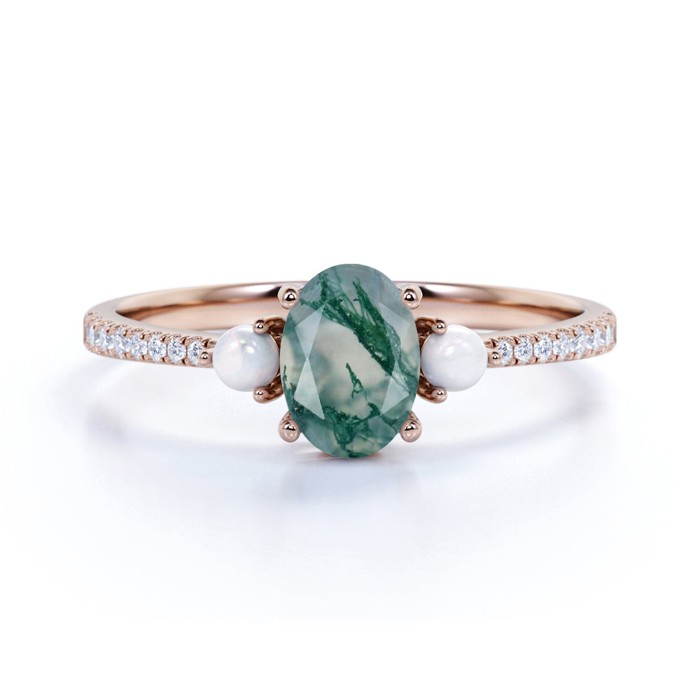 Three Stone 0.8 carat Oval Moss Agate with Pearl and Moissanite Engagement Ring in White Gold