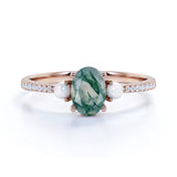Three Stone 0.8 carat Oval Moss Agate with Pearl and Moissanite Engagement Ring in White Gold