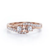 Trellis Three Stones 1 carat Princess Morganite and Moissanites Braided Engagement Ring in Rose Gold