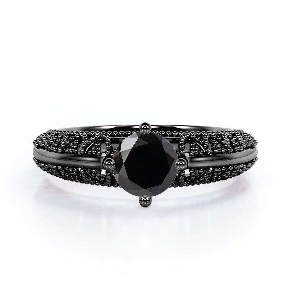 Beaded Four Prong 1 Carat Round Cut Black Diamond Solitaire Vintage Engagement Ring In White Gold