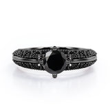 Beaded Four Prong 1 Carat Round Cut Black Diamond Solitaire Vintage Engagement Ring In White Gold