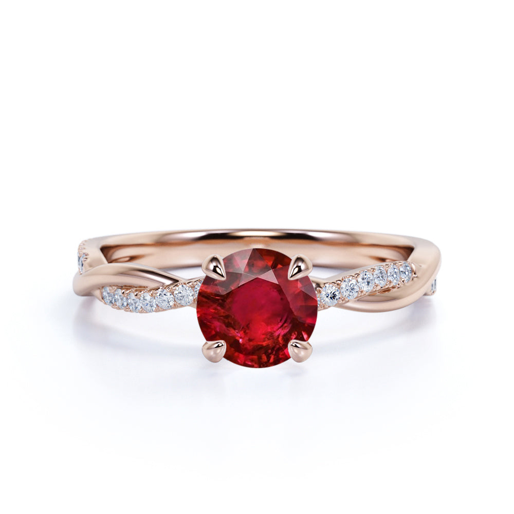 Infinity Inspired 1.25 Carat Round Cut Lab Ruby and Diamond Engagement Ring in White Gold