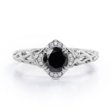 Cushion Framed 1.10 Carat Round Cut Black Diamond Halo Art Deco Engagement Ring In White Gold