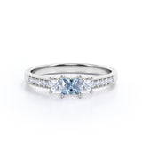 1.10 Carat Princess Cut Aquamarine And Diamond Pave Engagement Ring In White Gold