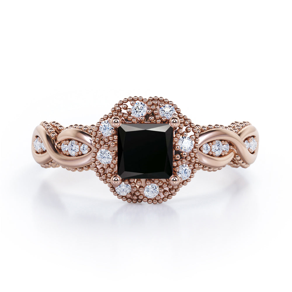 Twisted Beaded 1.15 Carat Princess Cut Black Diamond Infinity Style Engagement Ring In White Gold