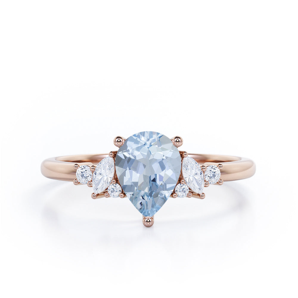 Fashionable 7 Stones 1.1 carat Pear Aquamarine and Diamond Engagement Ring in White Gold