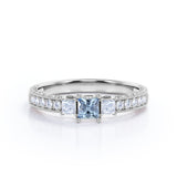 1.20 Carat Princess Cut Aquamarine And Diamond Beaded Pave Engagement Ring In White Gold