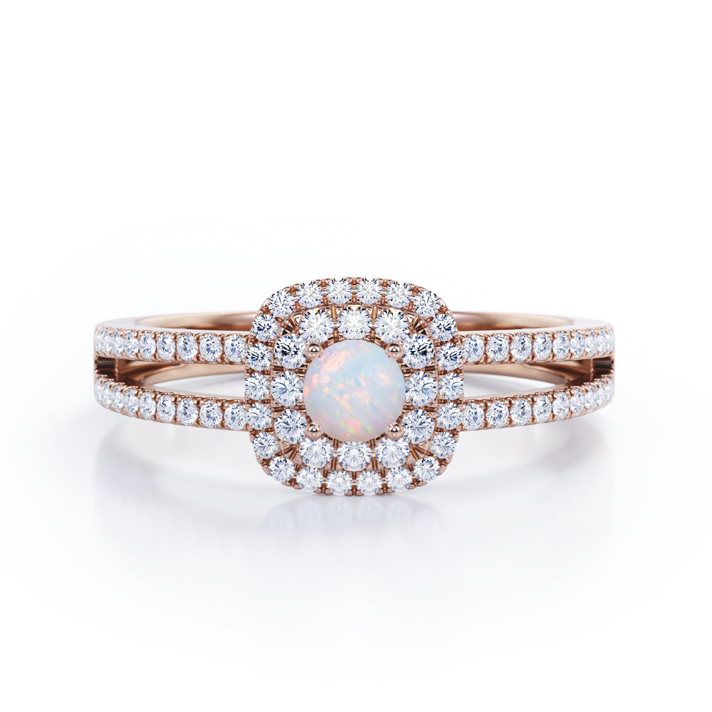 Clustered 1.55 Carat Round Cut Fiery Opal And Diamond Double Halo Split Shank Engagement Ring In White Gold