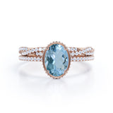 1.5 Carat Huge Oval Cut Aquamarine And Diamond Antique Wedding Ring Set In White Gold