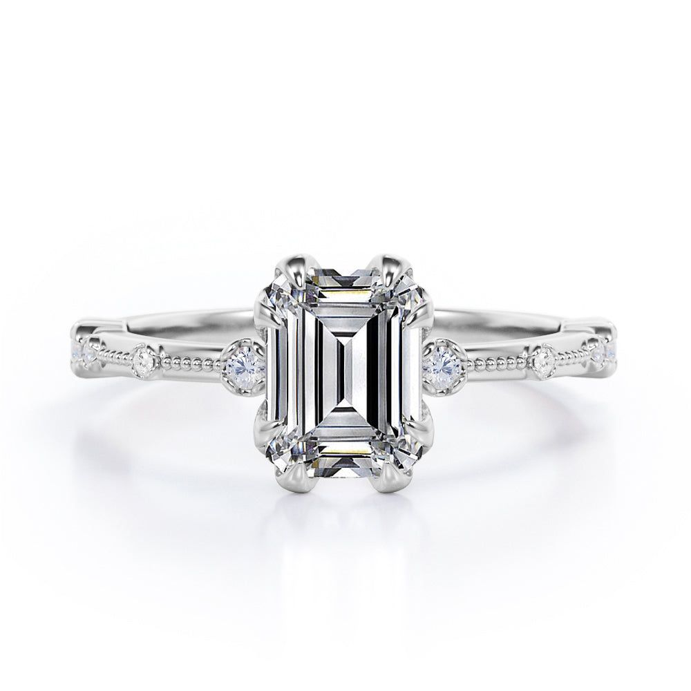 Sharp Eight Claws 1.10 Carat Emerald Cut Moissanite And Diamond Beaded Engagement Ring In Rose Gold