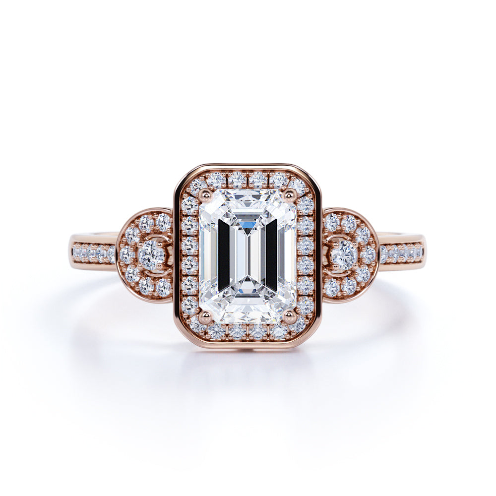 1.75 Carat Emerald Cut Moissanite and Diamond Halo Engagement Ring in White Gold
