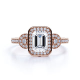 1.75 Carat Emerald Cut Moissanite and Diamond Halo Engagement Ring in White Gold