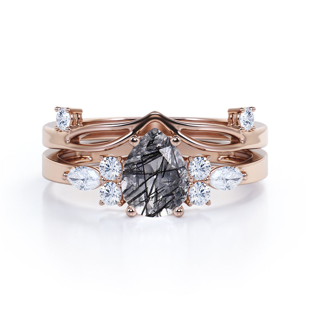 Seven Stone 1.45 ct Pear Black Rutilated Quartz Bridal Set