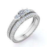 1.25 Carat Round Cut Near Colorless Moissanite And Diamond Three Stone Wedding Ring Set In White Gold