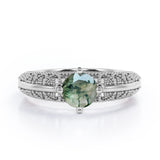 Beaded Art Deco 1 Carat Round Cut Green Moss Agate Solitaire Engagement Ring In White Gold