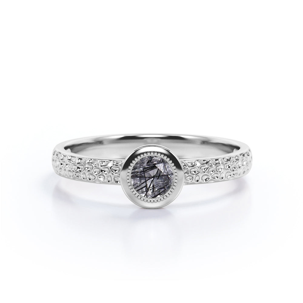 Antique Filigree 1 Carat Round Cut Mystic Black Rutilated Quartz Bezel Set Engagement Ring in Rose Gold