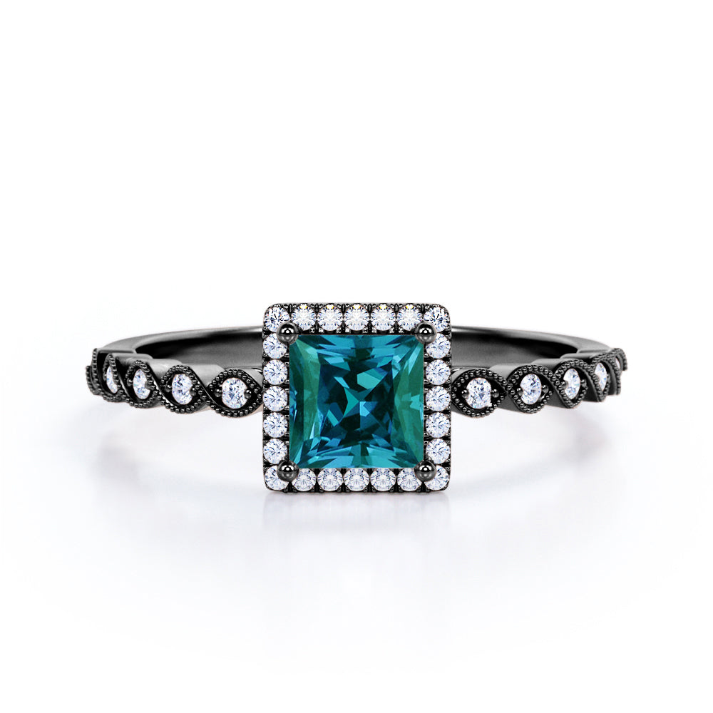 Intricate 1.35 Carat Princess Cut Lab Created Alexandrite And Diamond Leaf Design Engagement Ring In White Gold For Women.