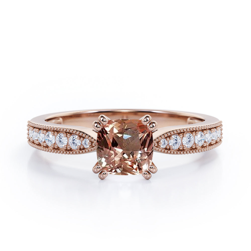 Beaded Eight Prongs 1.25 Carat Cushion Cut Morganite And Diamond Antique Milgrain Engagement Ring In White Gold