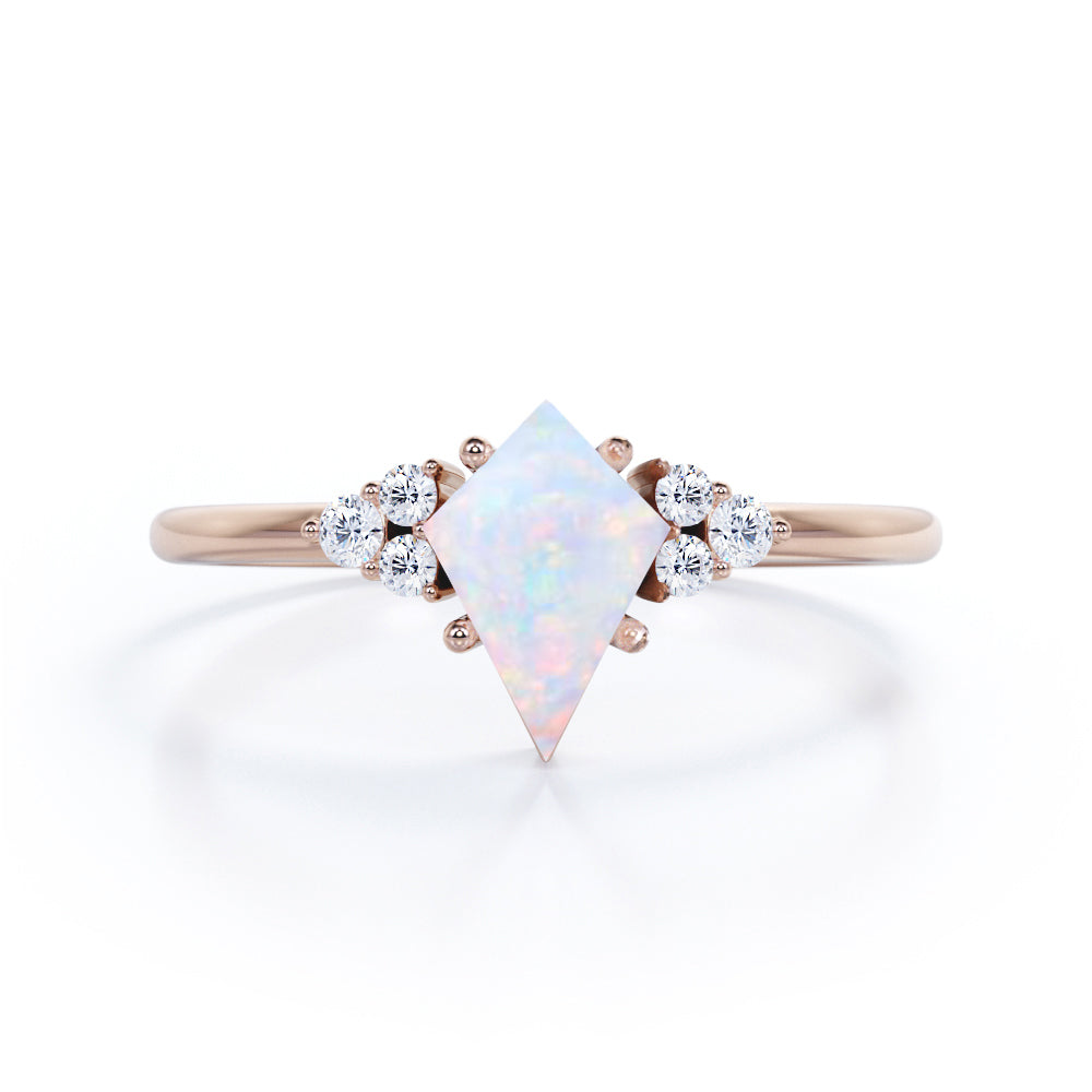 Unique Four Prong 1.30 Carat Kite Shaped Precious Fire Opal And Diamond Seven Stone Engagement Ring In Black Gold