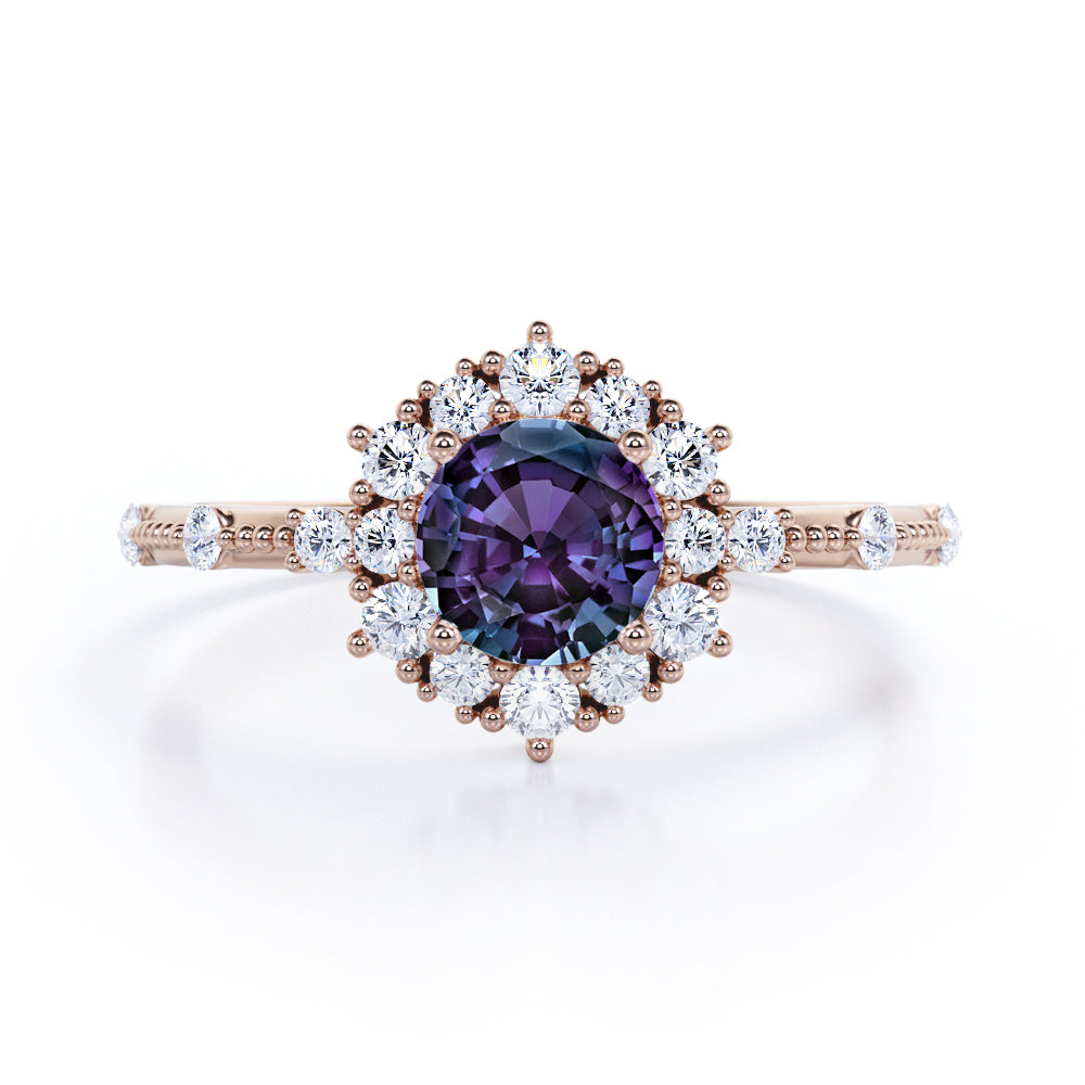 Clustered Halo 1.30 Carat Round Cut Lab Created Alexandrite And Diamond Beaded Antique Engagement Ring In White Gold